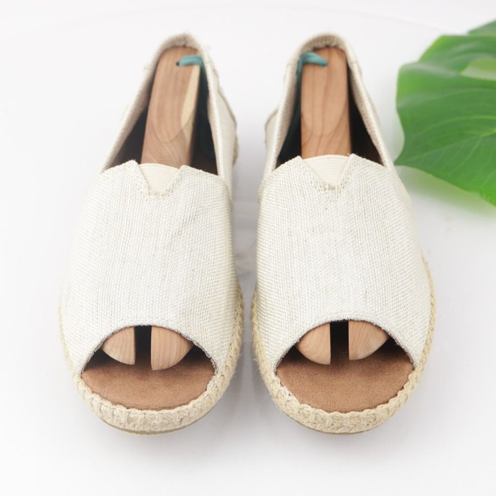 TOMS Women's Alpargata Open Toe Flats Size 7.5 Slip On Beige Linen Boho Shoe - Picture 2 of 13